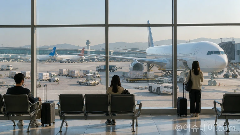 국제선 항공기가 계류장에 주기되어 있는 공항 출국장 풍경