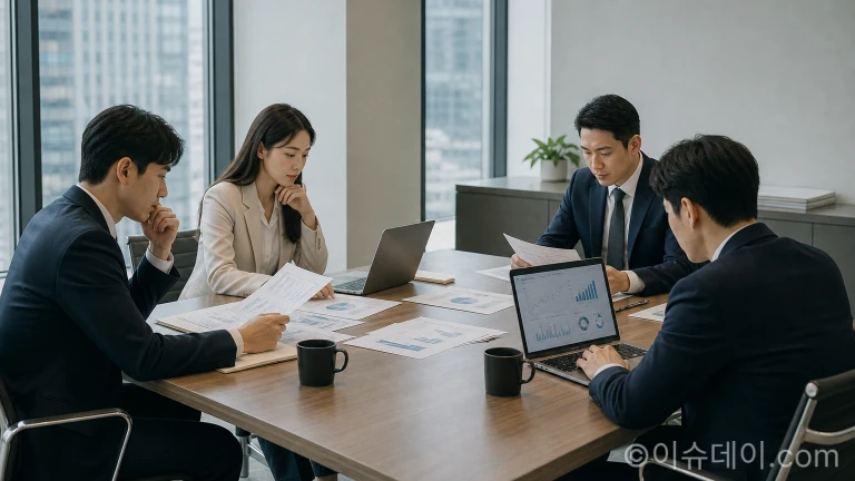 투자 회의실에서 자료를 검토하는 금융 및 투자 전문가들