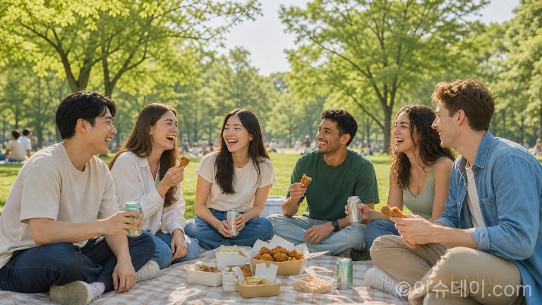 여러 나라 사람들이 모여 치맥을 즐기는 모습.
