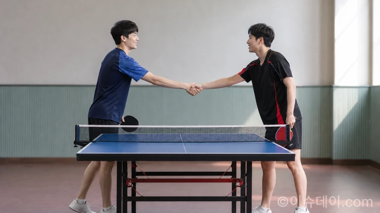 준결승 경기를 마친 뒤 네트 앞에서 상대 선수와 인사를 나누는 모습