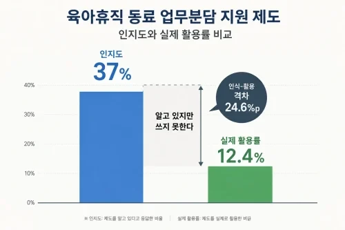 정부의 육아휴직 동료 지원 제도 인지도와 실제 활용률 격차를 보여주는 인포그래픽