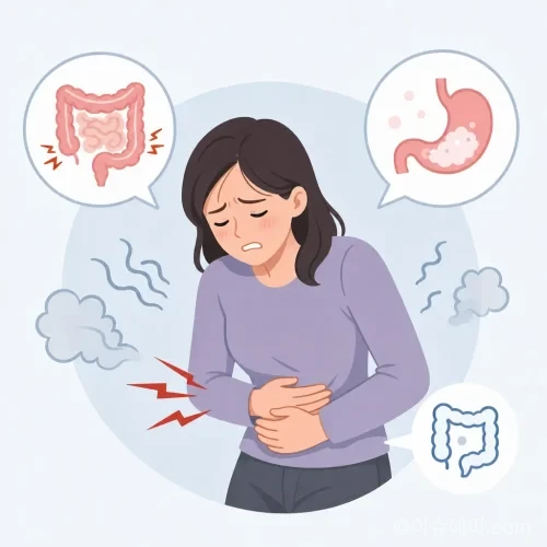 배를 먹고 복통을 느끼는 사람 일러스트