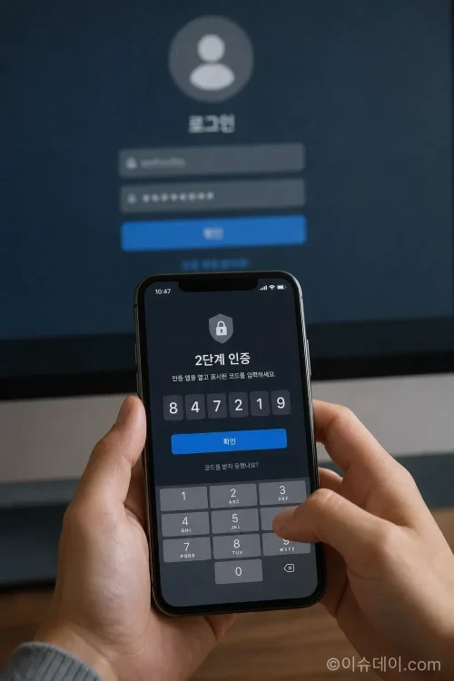 스마트폰으로 2단계 인증 코드를 확인하는 모습