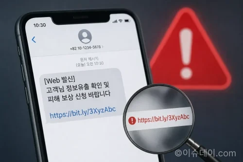 개인정보 유출 보상을 미끼로 한 스미싱 문자 메시지 예시