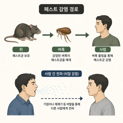 쥐, 벼룩, 사람으로 이어지는 페스트 전파 경로 인포그래픽