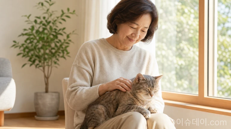 보호자의 무릎에 앉아 안정을 취하는 노령묘