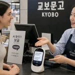 교보문고 직원이 플리토의 AI 통역기 '보글'을 사용해 외국인 고객을 응대하고 있다.