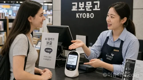 교보문고 직원이 플리토의 AI 통역기 '보글'을 사용해 외국인 고객을 응대하고 있다.