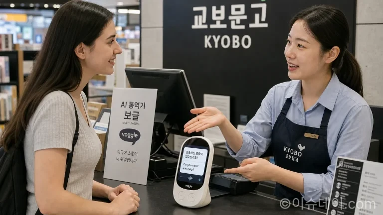 교보문고 직원이 플리토의 AI 통역기 '보글'을 사용해 외국인 고객을 응대하고 있다.