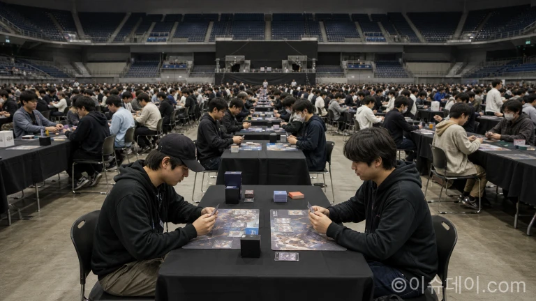 포켓몬코리아가 주최한 포켓몬 카드 게임 공식 대회가 열린 경기장에서 참가자들이 진지한 자세로 대전에 몰입하고 있다