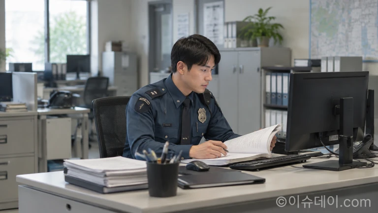 경찰서 사무실 책상에서 수사 기록과 전산 자료를 검토하는 경찰관