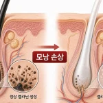 멜라닌 색소 부족으로 새치가 발생하는 모낭 구조와 모낭 손상 일러스트