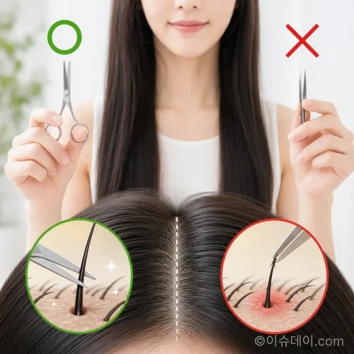 새치를 뽑는 족집게와 자르는 가위를 비교하며 올바른 관리법을 보여주는 이미지
