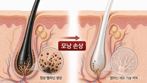 멜라닌 색소 부족으로 새치가 발생하는 모낭 구조와 모낭 손상 일러스트