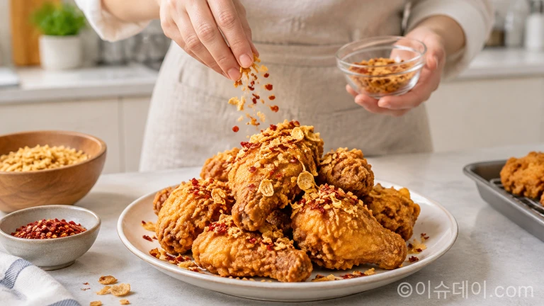 치킨 위에 크런치 후레이크와 크러쉬드 레드페퍼 토핑이 뿌려지는 모습