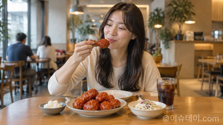 매장 식탁에서 신메뉴 치킨을 즐기는 식사 풍경