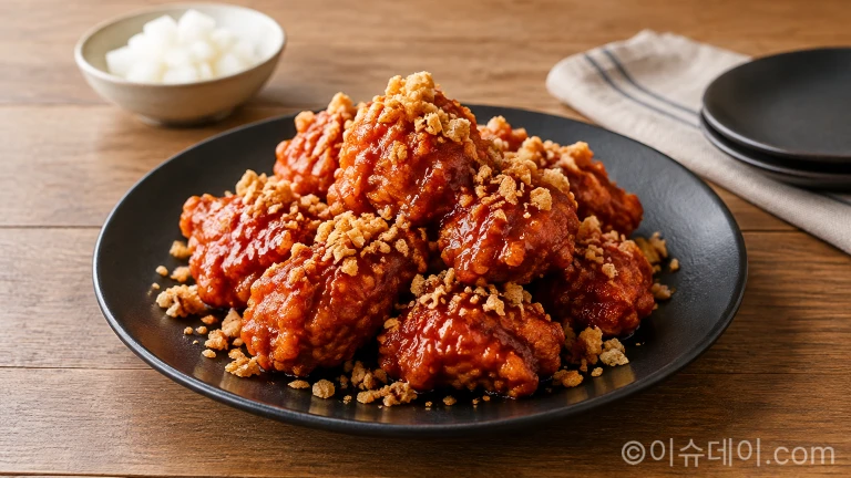 붉은빛 홍고추마요 소스와 바삭한 고명이 얹어진 치킨 요리