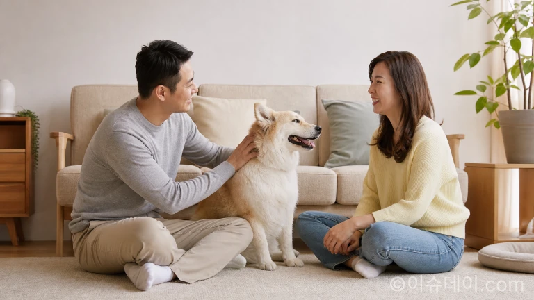 입양 경험을 공유하며 실내에서 반려견을 보살피고 있는 선배 입양 가족