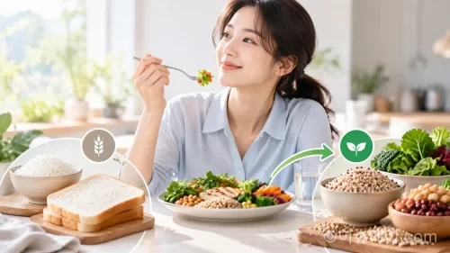 정제 탄수화물인 흰쌀과 흰빵, 통곡물·채소·콩류를 함께 비교하며 균형 잡힌 식사 구성을 보여주는 건강 식단 이미지.
