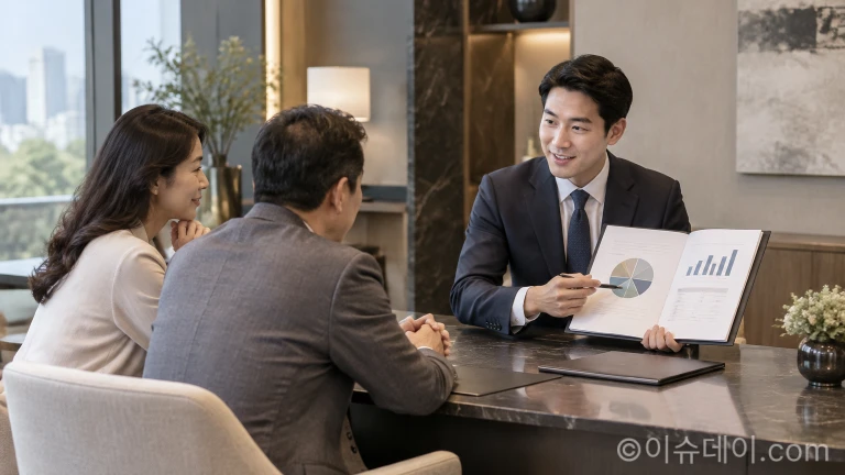 전문 상담원과 마주 앉아 포트폴리오 제안서를 보며 은퇴 자산관리 상담을 받는 장면