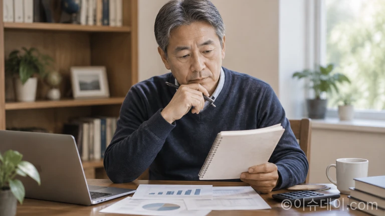 책상 위에 놓인 재정 설계 문서와 계산기를 확인하며 은퇴 자산 계획을 점검하는 장년층의 모습