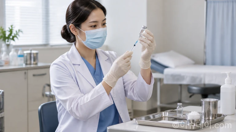 의료진이 영아용 수동면역 항체주사 바이알과 주사기를 정밀하게 다루는 모습