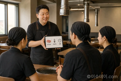 고깃집 사장이 직원들에게 표준화된 고기 굽는 법을 교육하는 모습