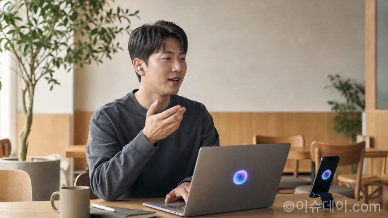 카페에서 갤럭시 버즈 온을 통해 AI 비서 기능을 사용하는 남성