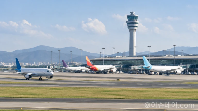 여객기들이 계류 중인 국제공항 활주로와 관제탑 전경