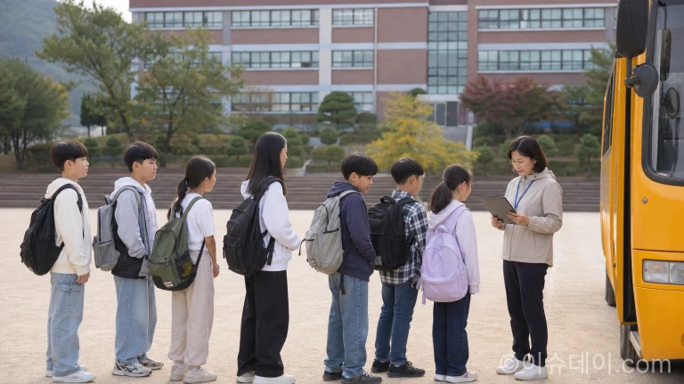 학교 운동장에서 수학여행 출발 전 학생 명부와 안전 수칙을 점검하는 교사