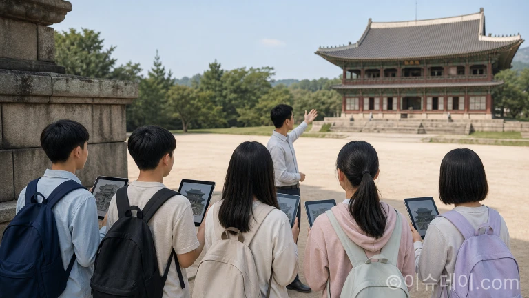 야외 유적지 현장에서 태블릿 디지털 기기를 활용해 교육 콘텐츠를 확인하는 학생들