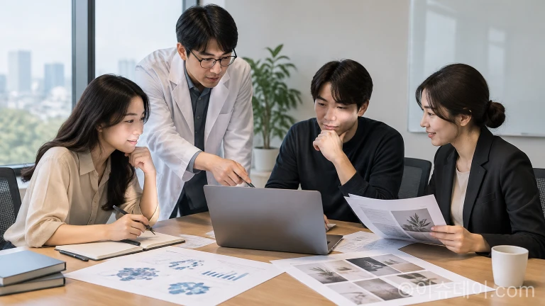 기획 회의실에서 전문가들이 연구 보고서와 마케팅 전략 자료를 검토하는 장면
