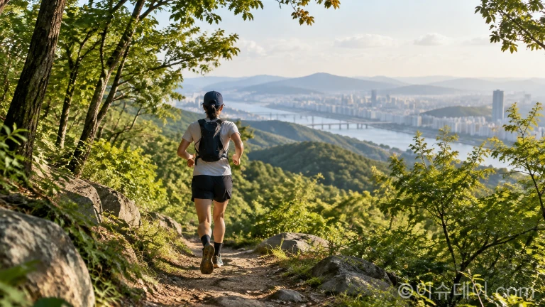 전월산 숲길을 달리는 트레일러닝 참가자의 뒷모습과 멀리 보이는 금강 전경
