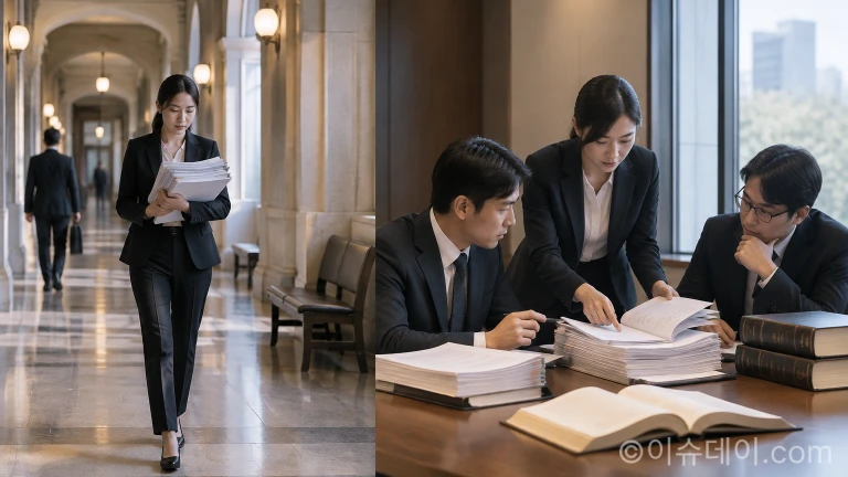 사건 기록과 법률 문서를 검토 중인 공소청 수사 집무실 전경