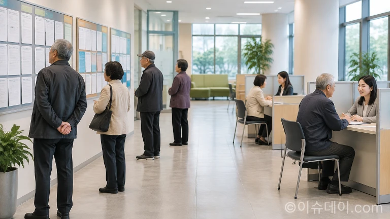 공공 고용센터 내 게시판과 상담 창구 주변에 모여 일자리 정보를 확인하는 구직자들