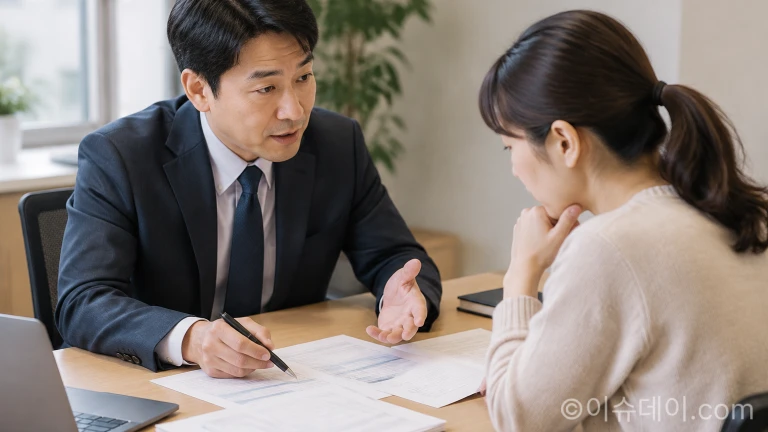 책상 위에 펼쳐진 서류를 보며 상담사와 주민이 일대일로 마주 앉아 상담하는 모습