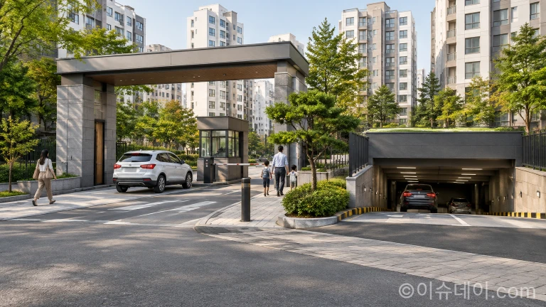아파트 단지 주출입구와 주변 보행 도로 전경
