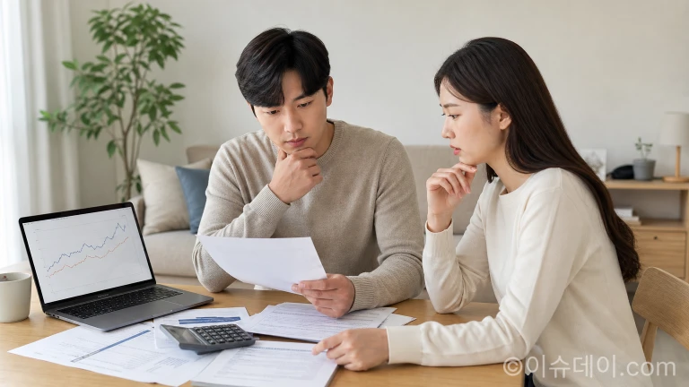 노트북 앞에 앉아 부동산 서류를 보며 고민하는 젊은 부부