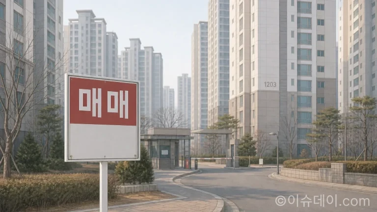 한산한 아파트 단지를 배경으로 '매매' 표지판이 서 있는 모습