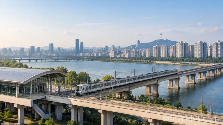 수도권 전철 노선과 강변 주변 아파트 단지 모습