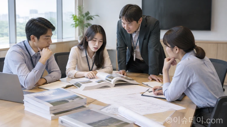 회의실 테이블에 놓인 현장 업무 점검 자료와 가이드 서류를 실무자들이 확인하는 모습