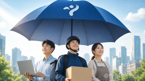 서울시 우산 아래 보호받는 프리랜서, 자영업자 등 노동자 일러스트
