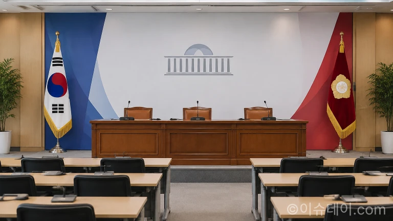 더불어민주당 회의실 발언대와 마이크 전경
