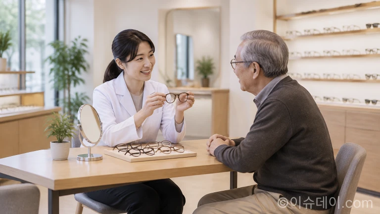 안경점에서 전문 상담을 진행 중인 안경사와 고령 이용자의 모습