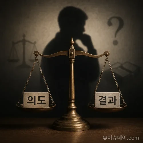 의도와 결과를 상징하는 글자가 놓인 정의의 저울 일러스트.