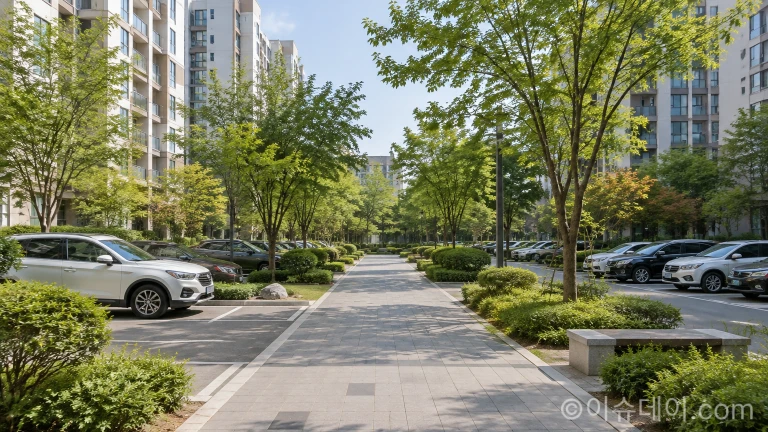 신내동 아파트 단지 내 지상 주차 공간과 보행로 전경