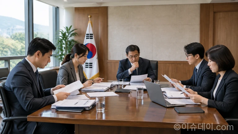공공기관 회의실에서 서류를 확인하며 대화하는 회의 장면