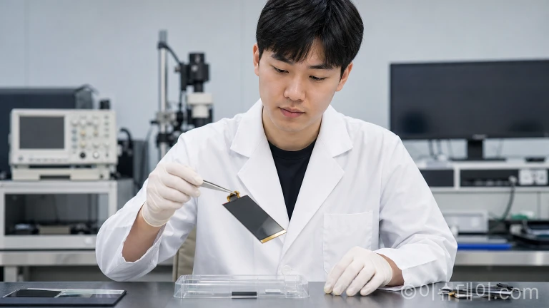 연구원이 스마트폰용 플렉서블 OLED 디스플레이 패널을 살펴보고 있다.