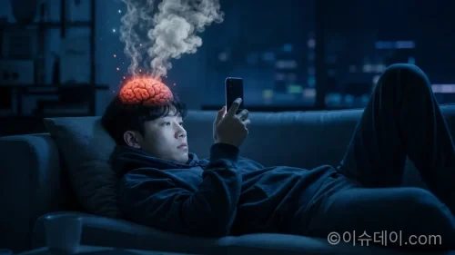 뇌에 과부하를 주는 무한 스크롤 행위를 묘사한 일러스트