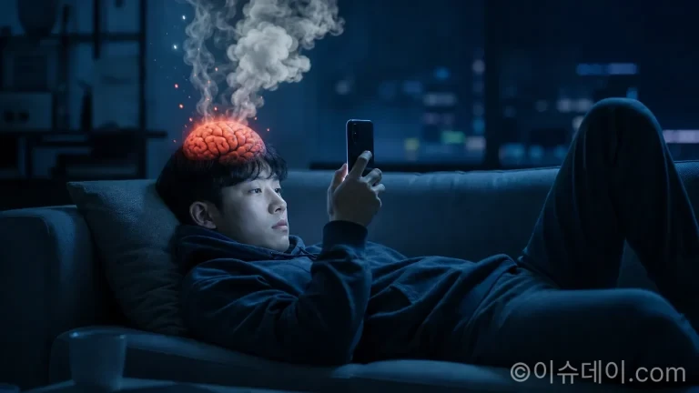 뇌에 과부하를 주는 무한 스크롤 행위를 묘사한 일러스트